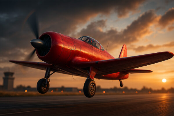 Aereo rosso in decollo al tramonto, illustrazione 3D iperrealistica ispirata al crash game Aviator Slot di Spribe.