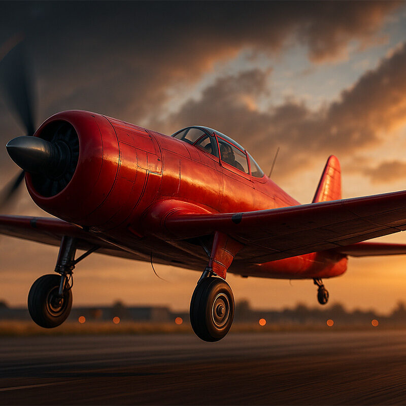 Aereo rosso in decollo al tramonto, illustrazione 3D iperrealistica ispirata al crash game Aviator Slot di Spribe.