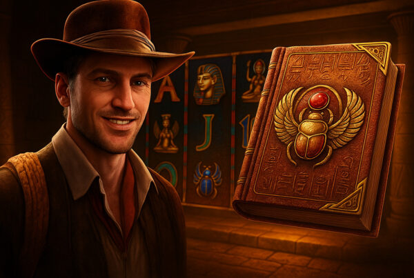 Book of Ra Deluxe slot – esploratore davanti al Libro di Ra nell’antico Egitto con simboli faraonici e scarabeo dorato