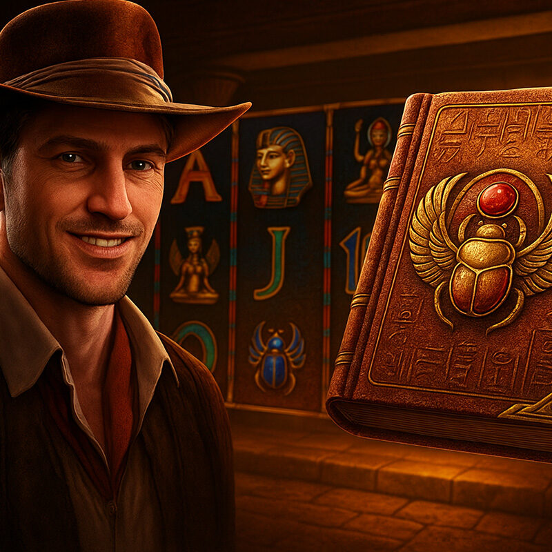 Book of Ra Deluxe slot – esploratore davanti al Libro di Ra nell’antico Egitto con simboli faraonici e scarabeo dorato
