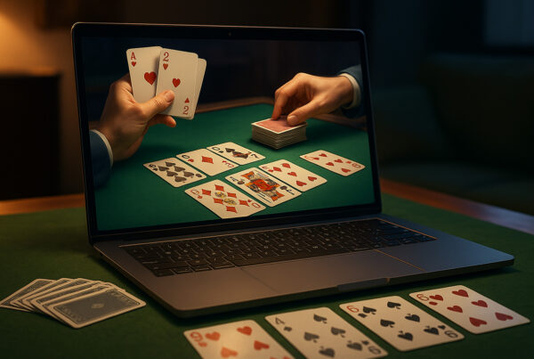 Laptop con partita di Burraco online, carte sul tavolo verde e mani dei giocatori in primo piano.