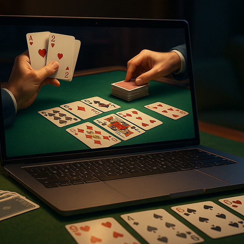 Laptop con partita di Burraco online, carte sul tavolo verde e mani dei giocatori in primo piano.