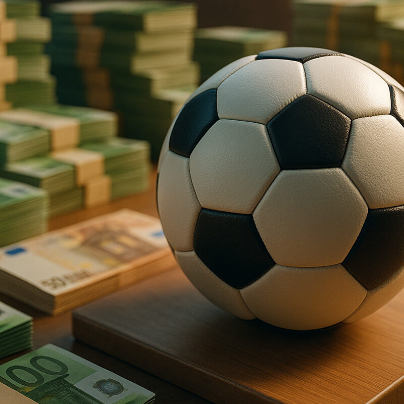 Calciomercato Serie A rappresentato da un pallone da calcio con banconote in euro, simbolo delle spese dei club italiani