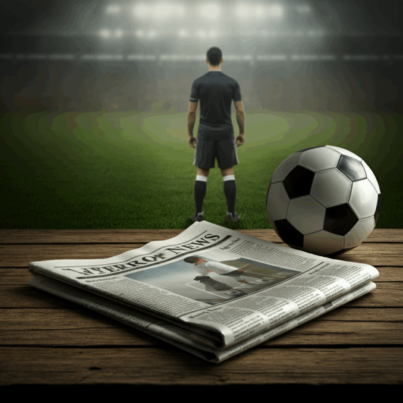 Giornale aperto su tavolo di legno con pallone da calcio bianco e nero accanto e calciatore di spalle in maglia che guarda verso il campo in uno stadio, ideale per accompagnare articoli su Donnarumma al Manchester City.