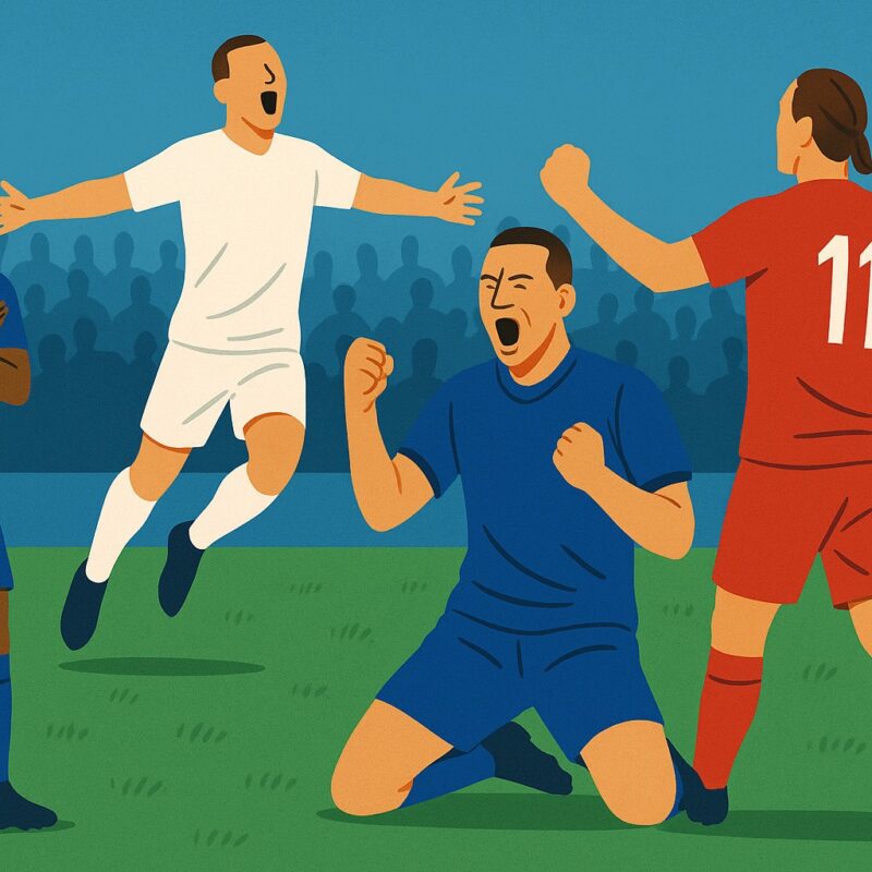 Illustrazione di calciatori che esultano: Mbappé con le braccia incrociate, Ronaldo con il salto “Siuuu”, Pogba con il dab, Bonucci che urla, Ibrahimovic a braccia larghe e giocatori della Nazionale italiana in abbraccio che mostra le esultanze calciatori