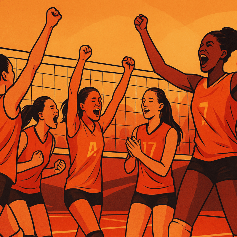 Giocatrici esultano a rete durante La Finale Mondiale Volley Femminile, rappresentazione stilizzata che celebra la vittoria dell’Italia