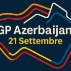 Grafica promozionale per il GP Azerbaijan 21 Settembre, con il tracciato stilizzato e linee colorate arancione, rosso e blu ispirate ai colori McLaren, Ferrari e Red Bull. Sfondo blu scuro, scritta centrale “GP Azerbaijan 21 Settembre” in bianco e giallo