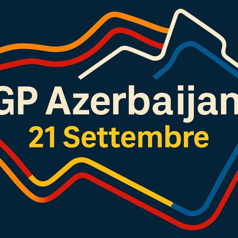 Grafica promozionale per il GP Azerbaijan 21 Settembre, con il tracciato stilizzato e linee colorate arancione, rosso e blu ispirate ai colori McLaren, Ferrari e Red Bull. Sfondo blu scuro, scritta centrale “GP Azerbaijan 21 Settembre” in bianco e giallo
