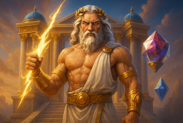 Zeus iperrealistico davanti al tempio degli dei in Gates of Olympus 1000, con fulmine e gemme luminose, slot Pragmatic Play.