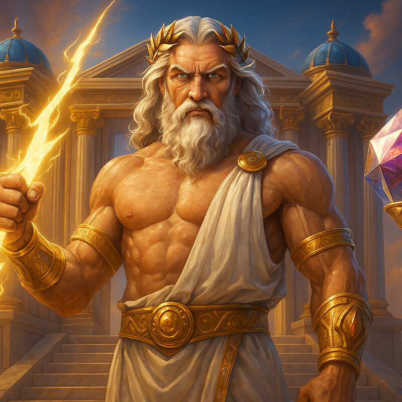 Zeus iperrealistico davanti al tempio degli dei in Gates of Olympus 1000, con fulmine e gemme luminose, slot Pragmatic Play.