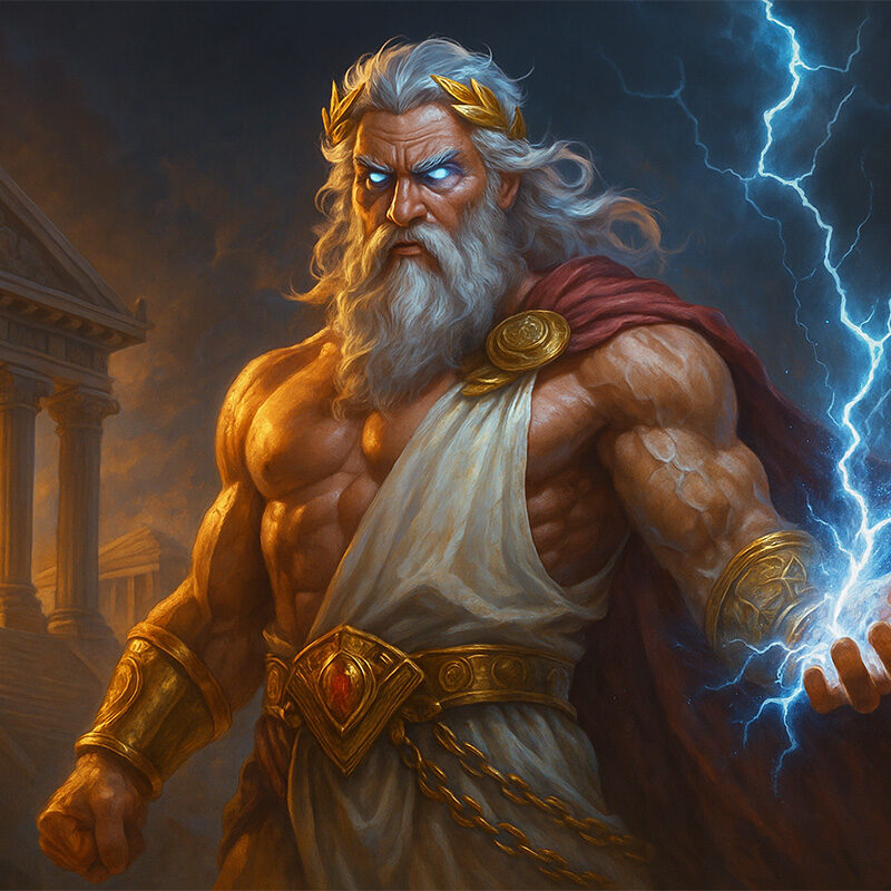 Zeus imponente in un tempio greco con fulmine in mano, illustrazione 3D iperrealistica ispirata alla slot Gates of Olympus Super Scatter.