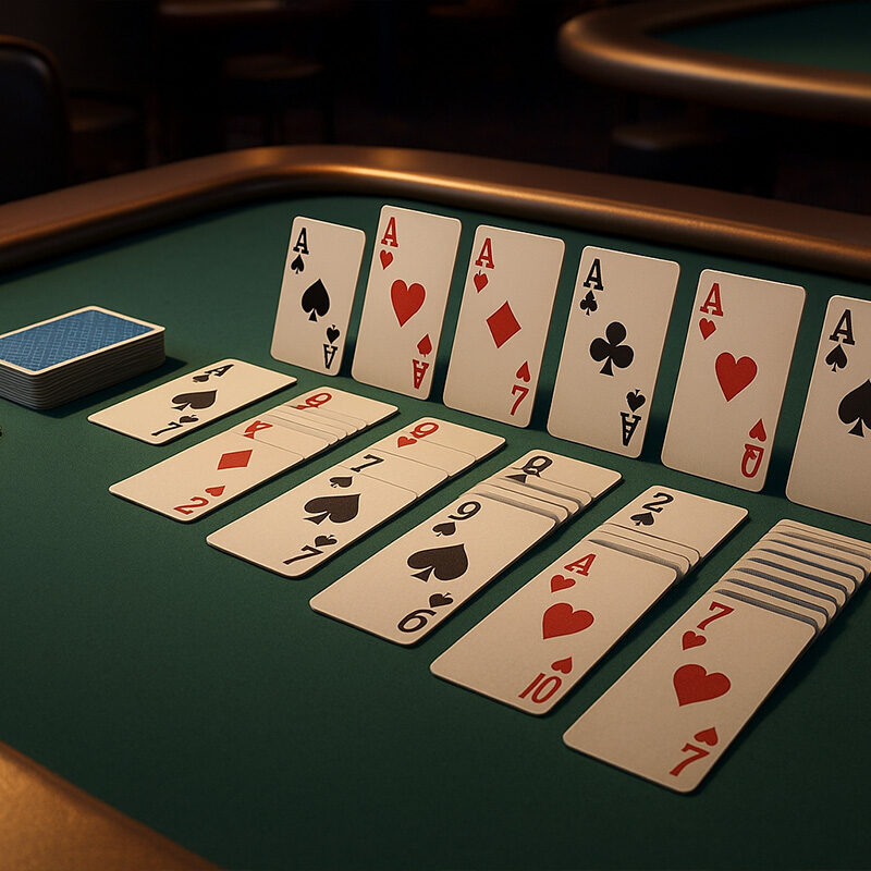 Gioco del Solitario su tavolo verde con carte disposte in colonne, scena realistica in stile 3D render cinematografico.