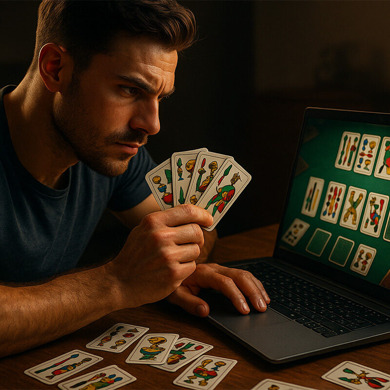 Uomo che gioca a Tressette online su laptop con carte italiane tradizionali, in un ambiente realistico e cinematografico.