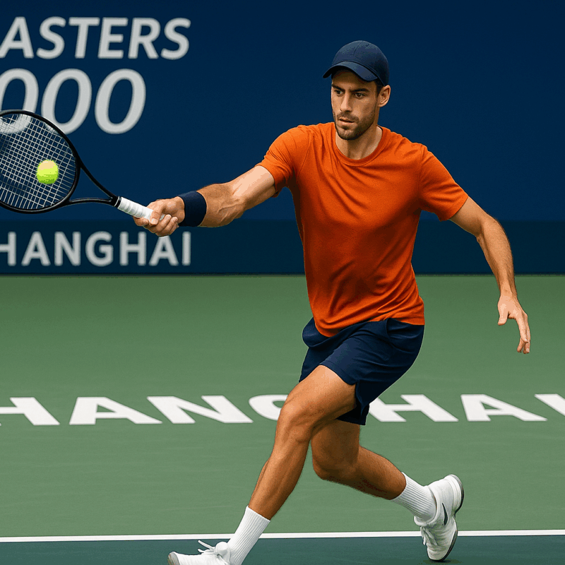 Giocatore di tennis anonimo in azione sul campo del Masters 1000 Shangai, durante un match sul cemento verde con sfondo ufficiale del torneo