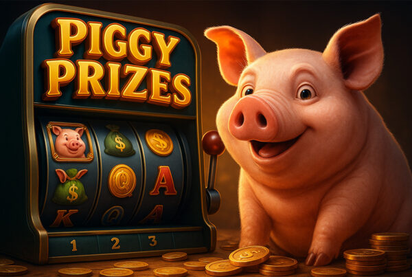 Maialino magico accanto a una slot machine Piggy Prizes con monete d’oro e simboli scintillanti, illustrazione 3D iperrealistica.