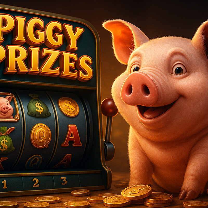Maialino magico accanto a una slot machine Piggy Prizes con monete d’oro e simboli scintillanti, illustrazione 3D iperrealistica.