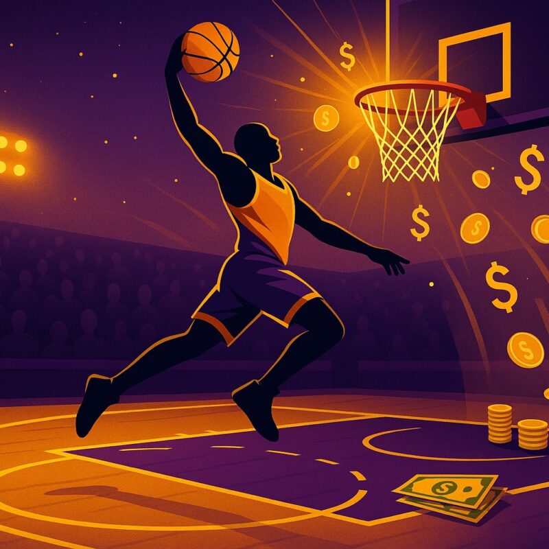Quanto guadagna LeBron James, illustrazione di un giocatore in silhouette che schiaccia a canestro con maglia gialloviola, simboli di denaro attorno