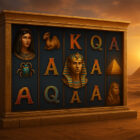 Slot machine Egyptian Dreams Deluxe ambientata nell’antico Egitto, con simboli come faraone, regina, scarabeo, piramide e sfinge su uno sfondo desertico al tramonto.