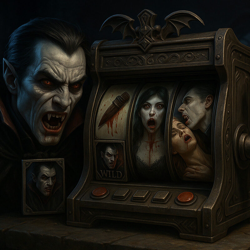 Illustrazione 3D iperrealistica della Blood Suckers slot NetEnt, con un vampiro gotico accanto a una macchinetta da gioco horror a tema vampiri.