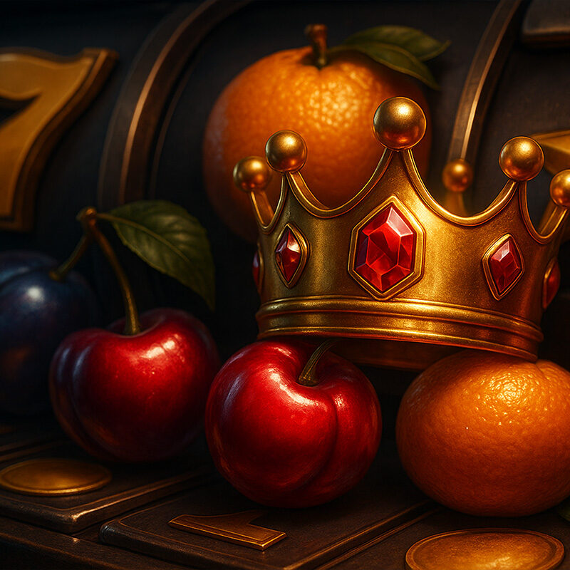Slot machine con frutti colorati e corona d’oro Wild al centro, illustrazione 3D iperrealistica ispirata alla slot Extra Crown di Amusnet.