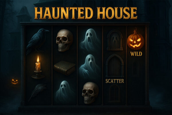 Slot Haunted House con simboli horror come fantasmi, teschi, corvi, candele, zucca Wild e porta Scatter in stile gotico.