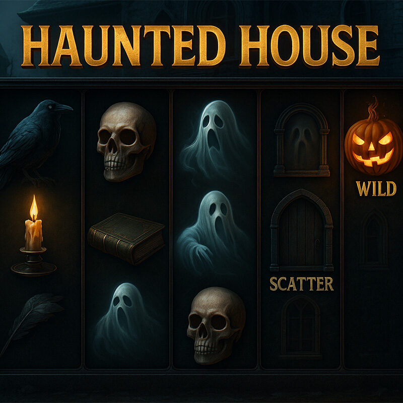 Slot Haunted House con simboli horror come fantasmi, teschi, corvi, candele, zucca Wild e porta Scatter in stile gotico.