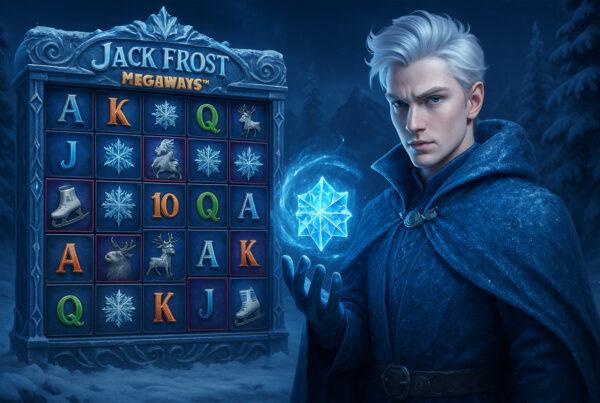 Illustrazione 3D iperrealistica di Megaways Jack Frost con il personaggio glaciale e i rulli della slot online a tema invernale con simboli ghiacciati.