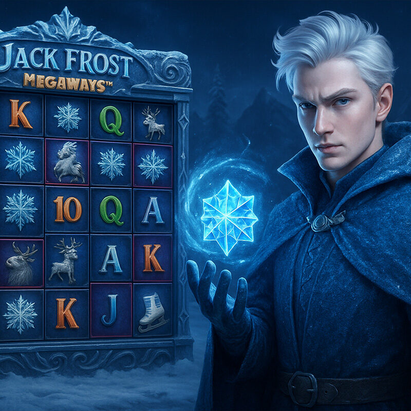 Illustrazione 3D iperrealistica di Megaways Jack Frost con il personaggio glaciale e i rulli della slot online a tema invernale con simboli ghiacciati.