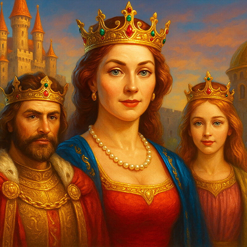 Slot Royal Secrets Amusnet: illustrazione realistica con regina, re, principessa e guardia reale davanti al castello medievale