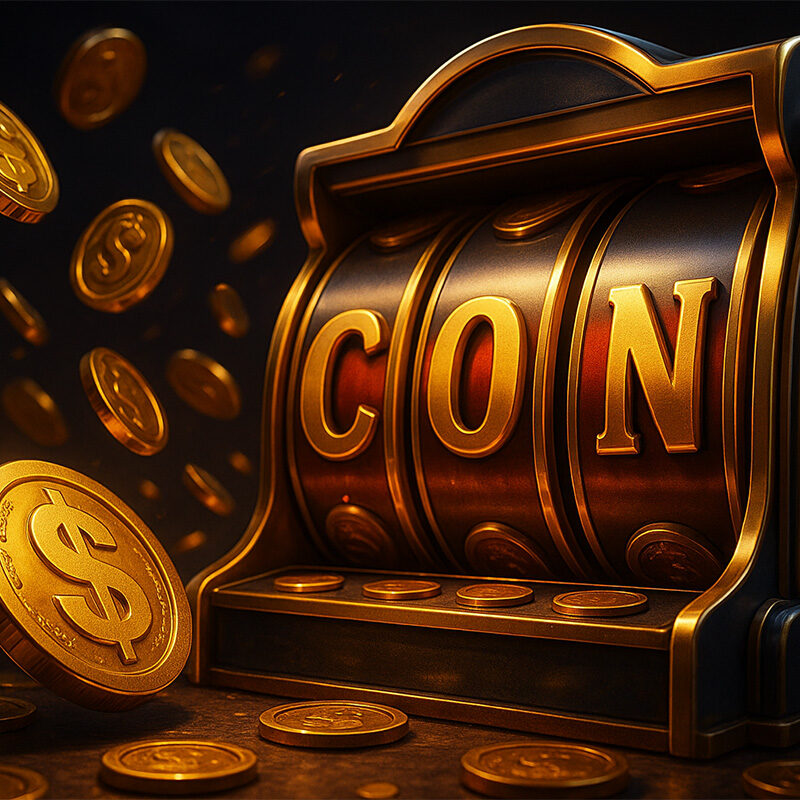 Slot machine Coin Frenzy Greentube in stile realistico 3D con monete d’oro che esplodono dai rulli, atmosfera cinematografica da casinò online.