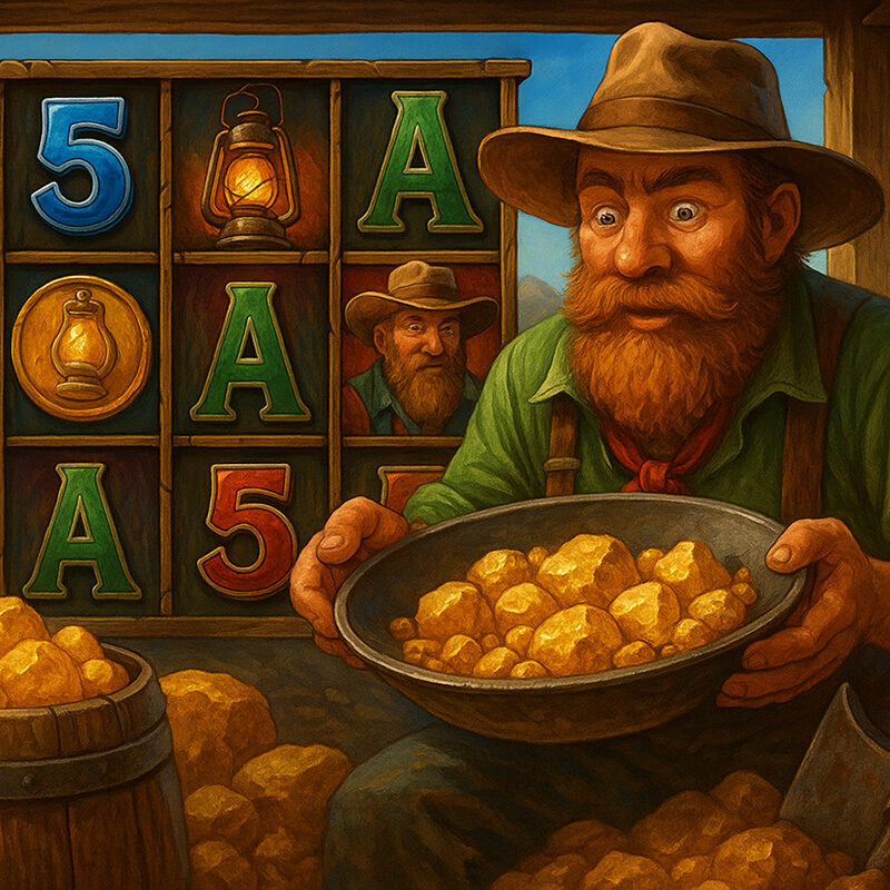 Slot Klondike Fiver di Capecod con minatore, pepite d’oro, simboli slot e atmosfera da corsa all’oro in stile illustrato.