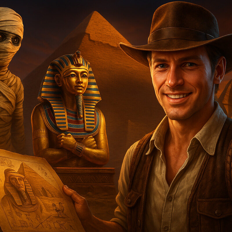 Avventuriero in stile egizio con piramide, sfinge, mummia e statua del faraone illuminati dal tramonto, scena ispirata alle slot a tema Egitto.