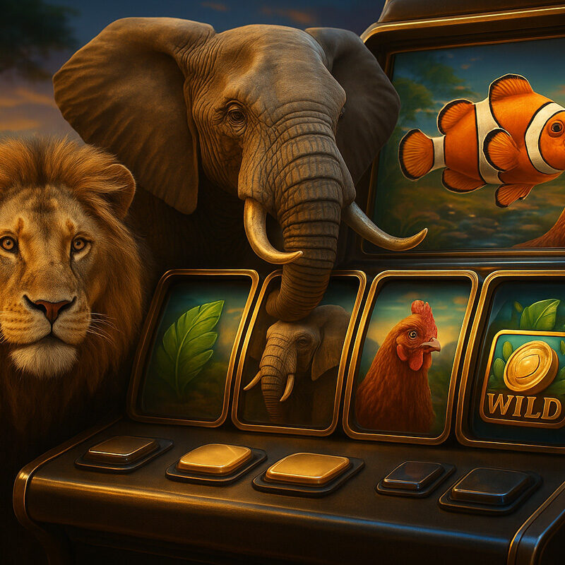 Slot con animali in stile realistico 3D con leone, elefante, pesce e gallina sui rulli di una slot machine digitale, ambientata tra savana e fondali oceanici.