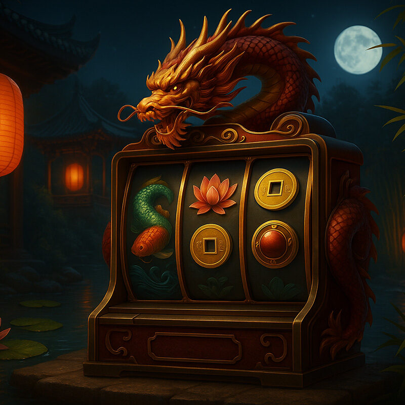Slot ispirate all’oriente con drago dorato, carpa koi, fiore di loto e lanterne rosse in un giardino zen con tempio illuminato dalla luna.