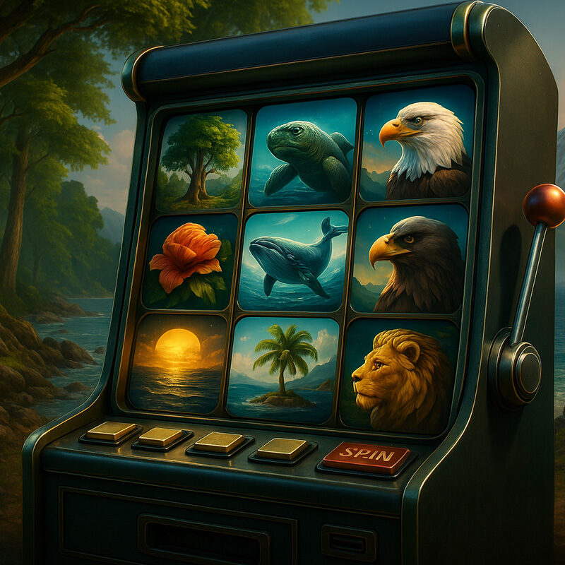 Slot machine a tema natura con simboli di animali, fiori e paesaggi mozzafiato in stile 3D realistico