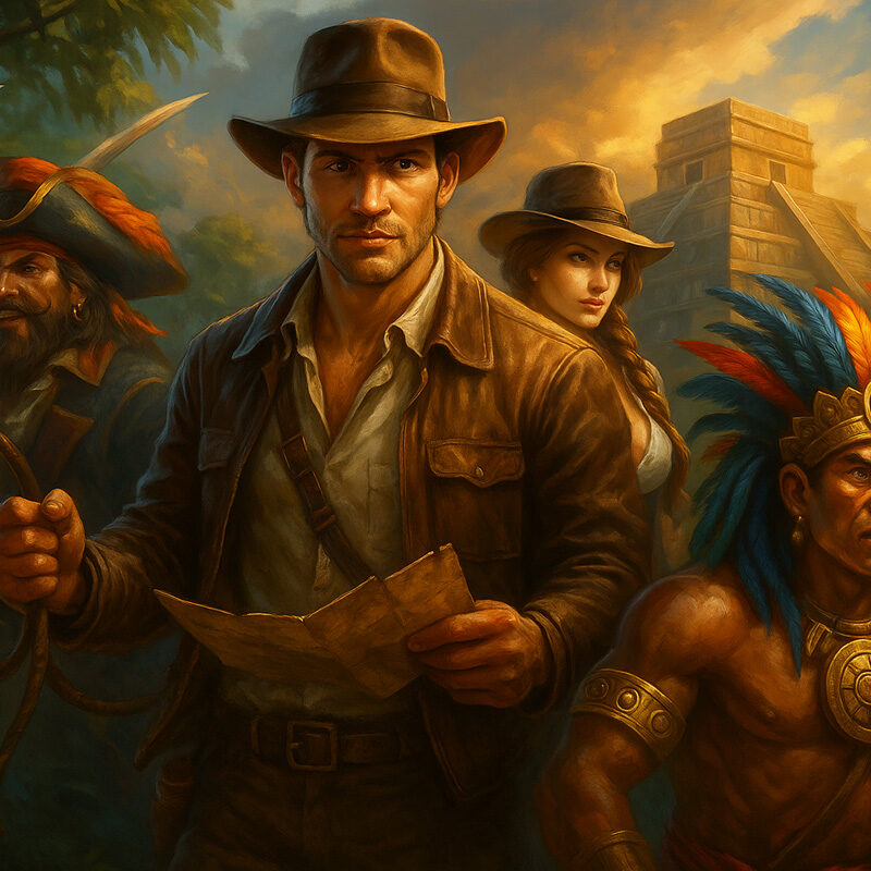 Esploratori, pirata e guerriero azteco davanti a un antico tempio nella giungla al tramonto, scena epica di slot avventura in stile realistico.