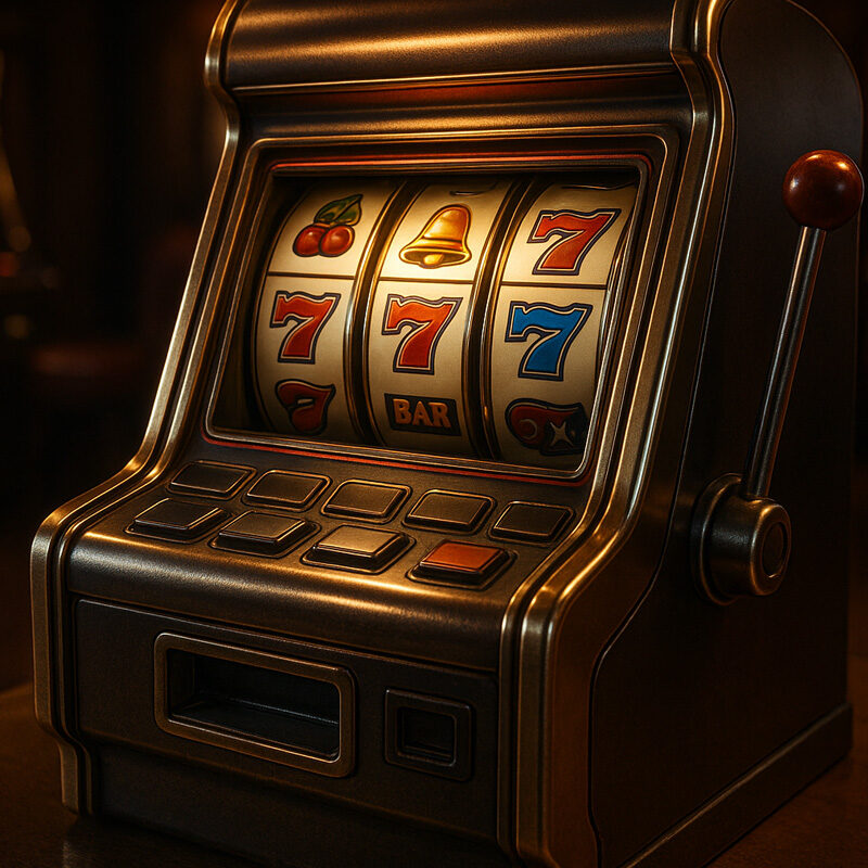 Slot machine classica da bar con simboli retrò come ciliegie, campane e numero 7, resa in stile realistico 3D, simbolo nostalgico dei giochi da casinò