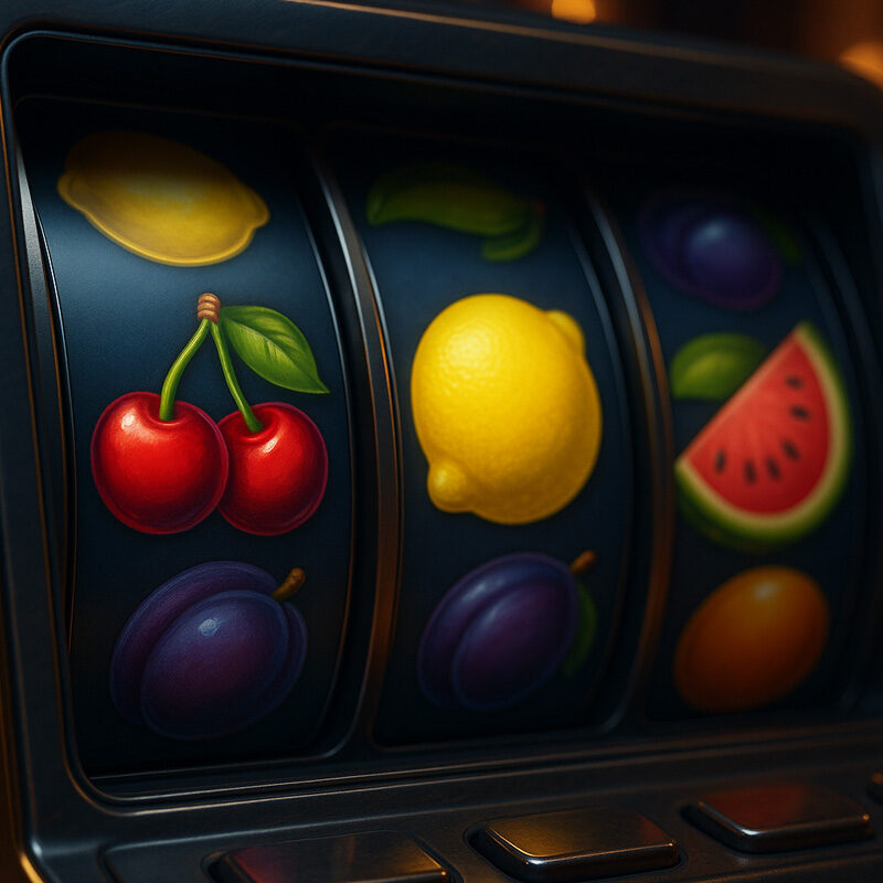 Slot con frutta con rulli luminosi che mostrano ciliegie, limone, prugna e anguria in una slot machine realistica.