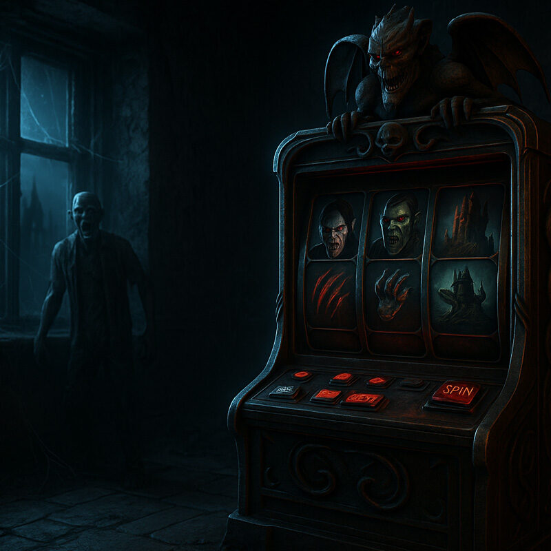 Slot horror online con slot machine gotica illuminata, simboli di vampiri e zombie in un’ambientazione oscura e spaventosa