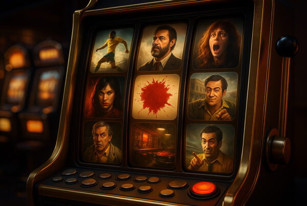 Slot Film in stile cinematografico: slot machine 3D realistica con simboli ispirati al cinema, personaggi iconici, atmosfera da casinò e dettagli iperrealistici.