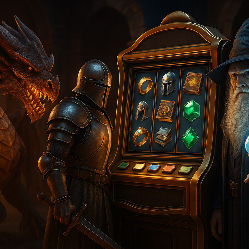 Slot fantasy con drago, cavaliere e mago in un’illustrazione 3D iperrealistica accanto a una slot machine magica.