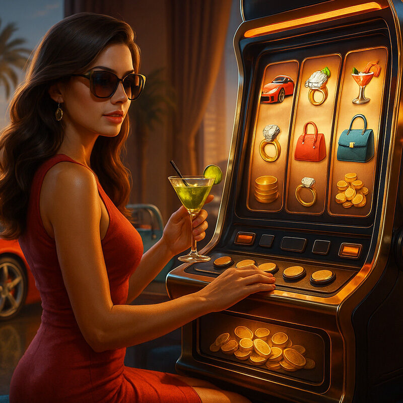 Donna elegante gioca a una Slot lifestyle in un casinò di lusso con simboli di gioielli, auto sportive e borse griffate.