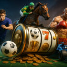 Illustrazione 3D realistica di slot sportive con calciatore, pugile, cavallo da corsa e auto di Formula 1 davanti a rulli da slot machine e monete dorate.