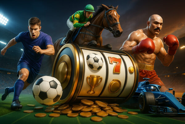 Illustrazione 3D realistica di slot sportive con calciatore, pugile, cavallo da corsa e auto di Formula 1 davanti a rulli da slot machine e monete dorate.