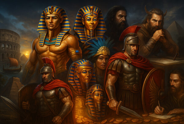 Illustrazione iperrealistica di slot storiche con faraoni egizi, soldati romani, guerrieri vichinghi e simboli maya in stile 3D cinematico
