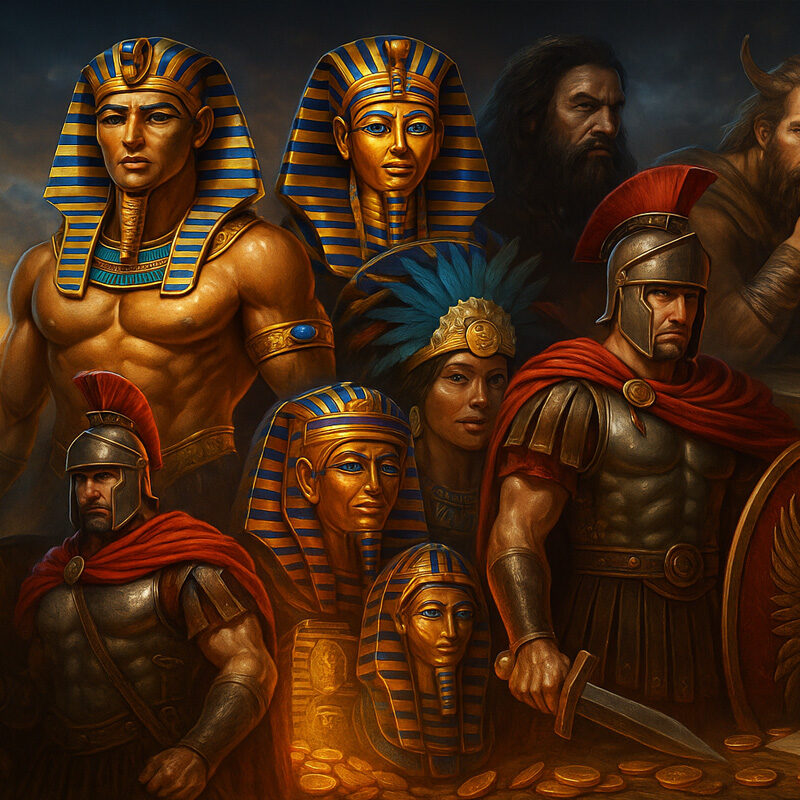 Illustrazione iperrealistica di slot storiche con faraoni egizi, soldati romani, guerrieri vichinghi e simboli maya in stile 3D cinematico