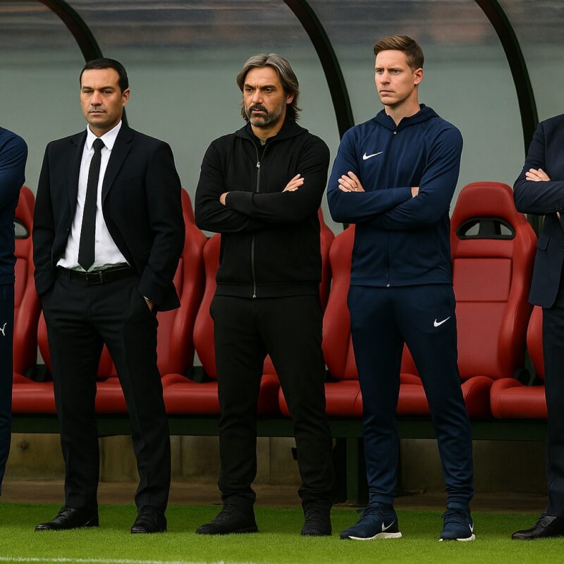 Stipendi allenatori Serie B, cinque tecnici davanti alla panchina: alcuni in tuta sportiva, altri in giacca e cravatta, pronti per la partita