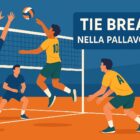 Illustrazione grafica di una partita di pallavolo con giocatori in azione sopra la rete e la scritta Tie break nella pallavolo a lato