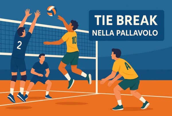 Illustrazione grafica di una partita di pallavolo con giocatori in azione sopra la rete e la scritta Tie break nella pallavolo a lato