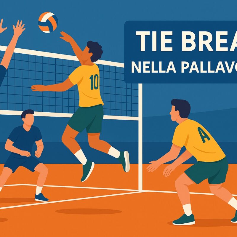 Illustrazione grafica di una partita di pallavolo con giocatori in azione sopra la rete e la scritta Tie break nella pallavolo a lato